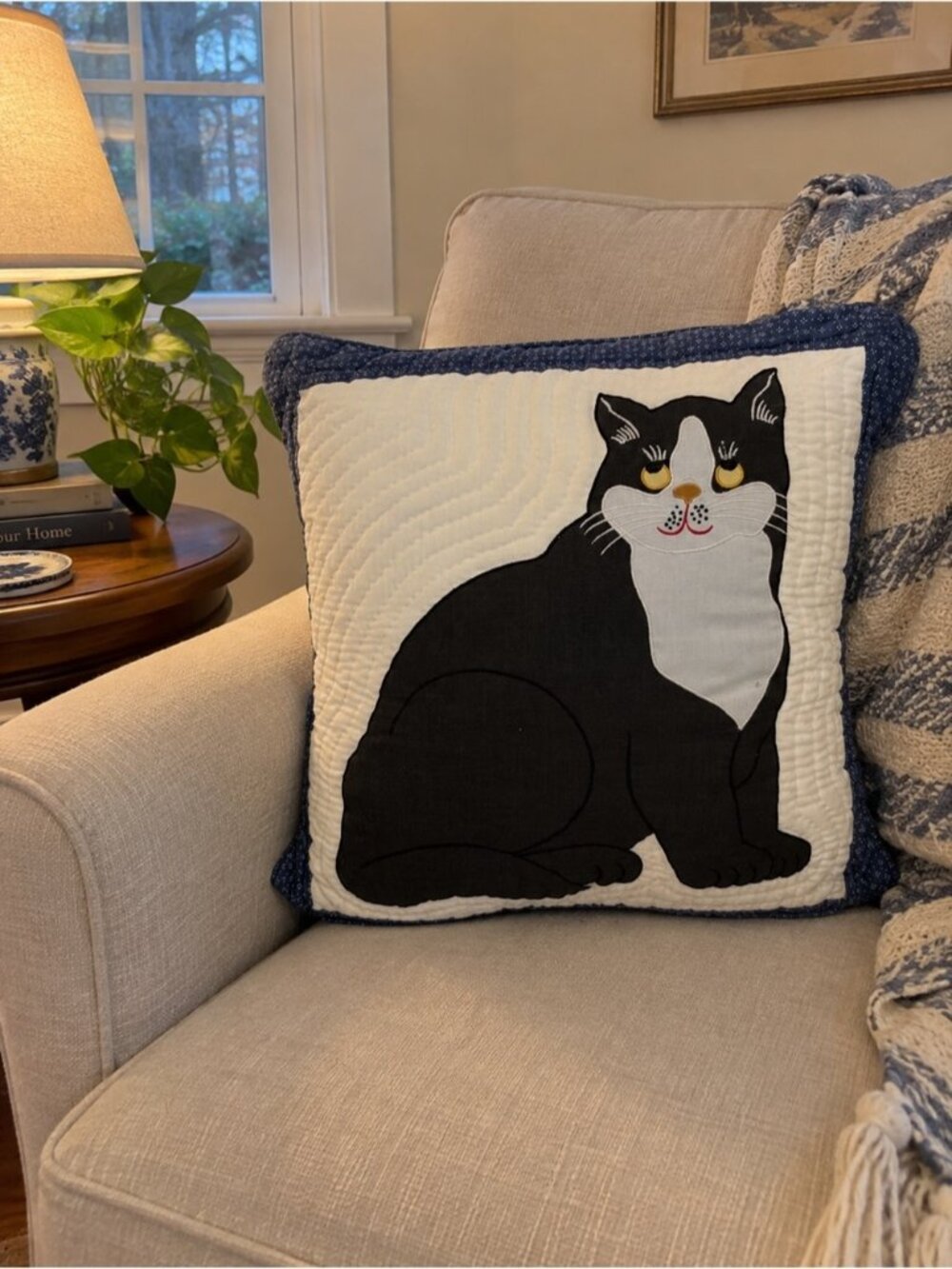 Vintage Quilted Tuxedo Cat Pillow Folk Cottagecore Country Farmhouse Cats Decor